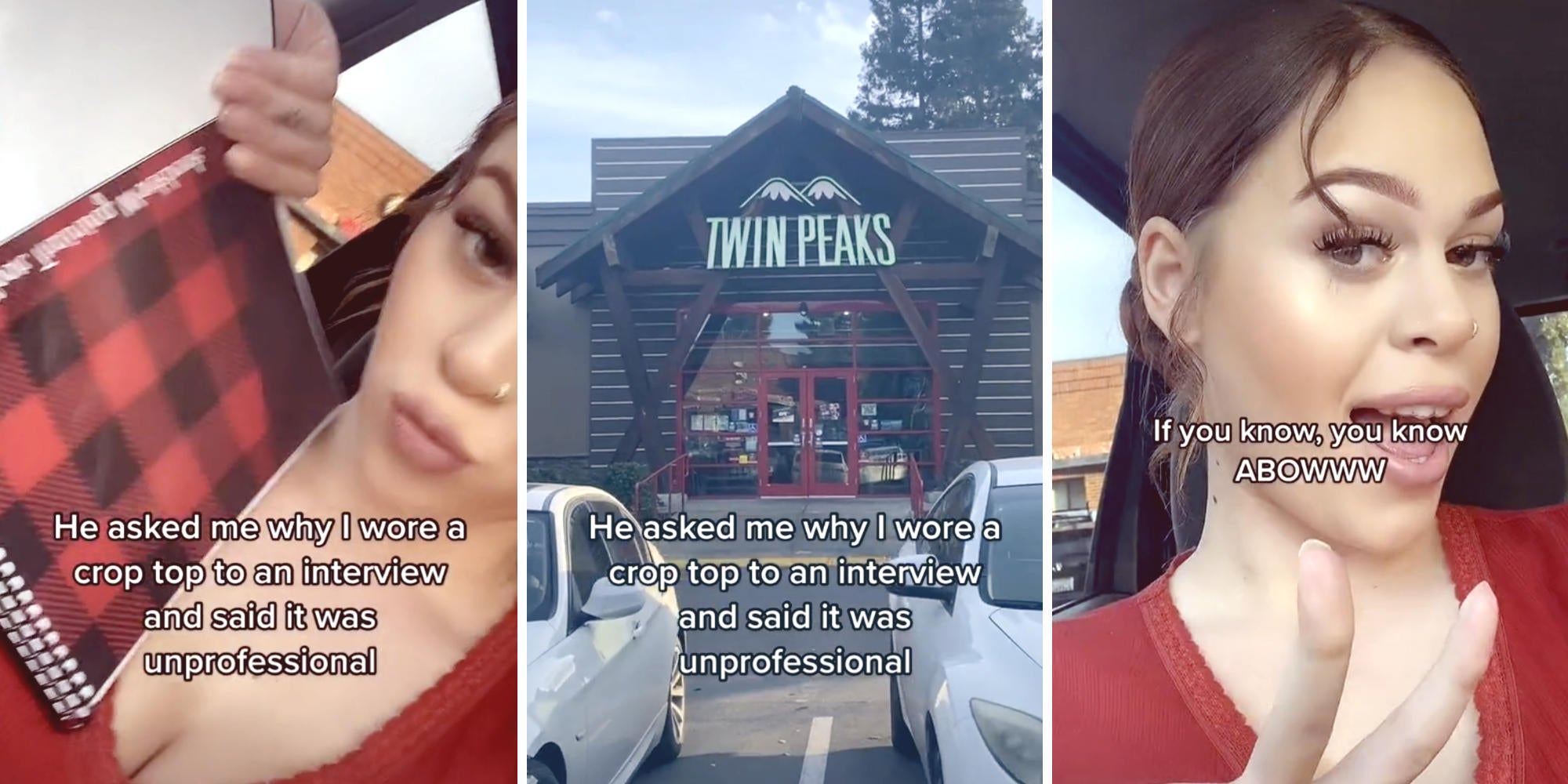 woman showing off her notebook and croptop (l) photo of Twin Peaks establishment (m) woman giving a peace sign (r)