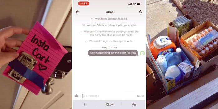 photo of a hand holding a post it note with a cash tip (l) screenshot of a smartphone conversation (m) photo of delivered groceries (r)