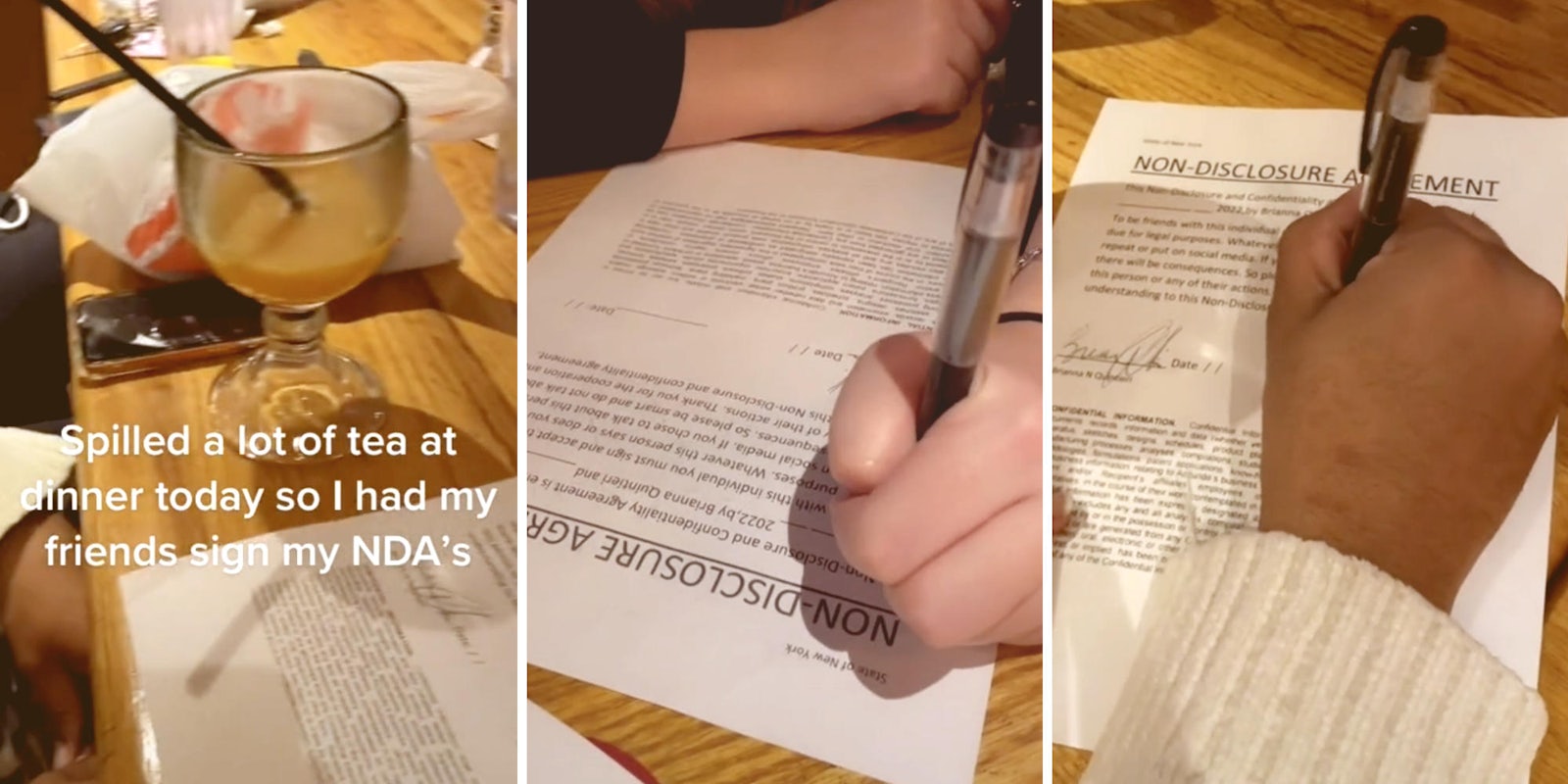 three photos of people signing nda papers on a wooden dinner table