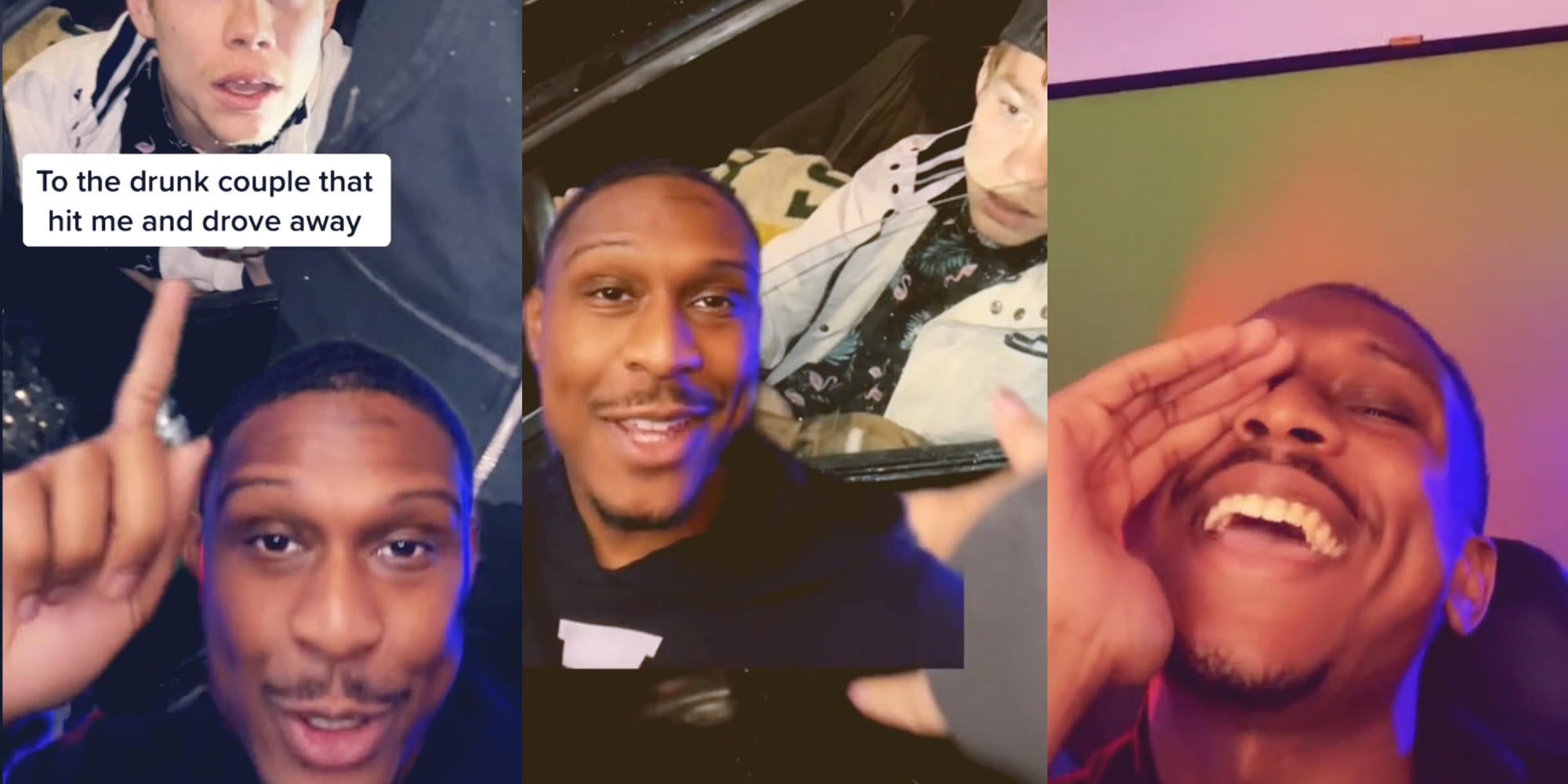 a man pointing up (l) the man smirking at the camera (m) the man laughing (r)