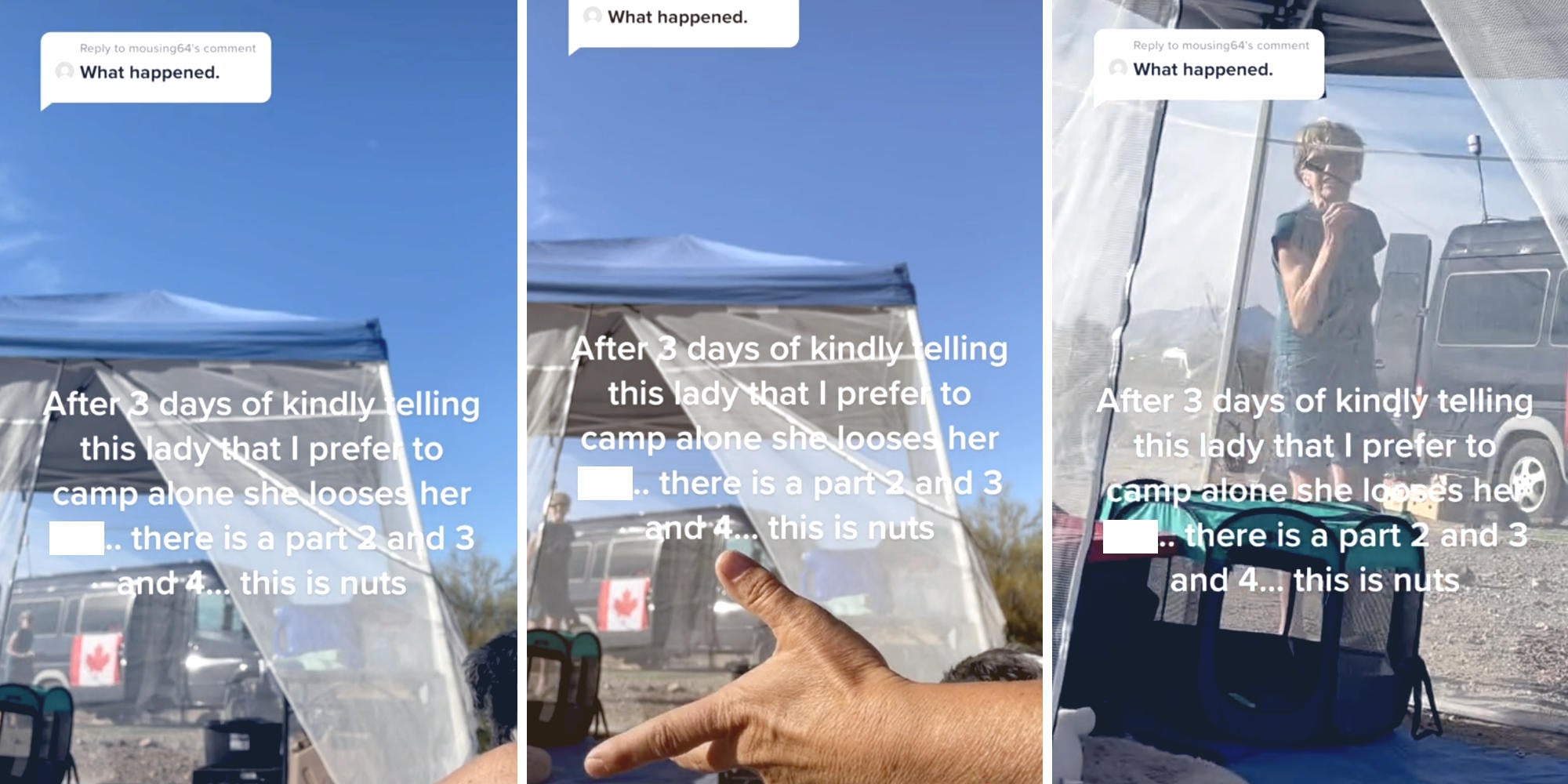 wide camera shot of a camp (l) camera shot of an arm gesturing, and a woman approaching (m) closeup on woman arguing (r)