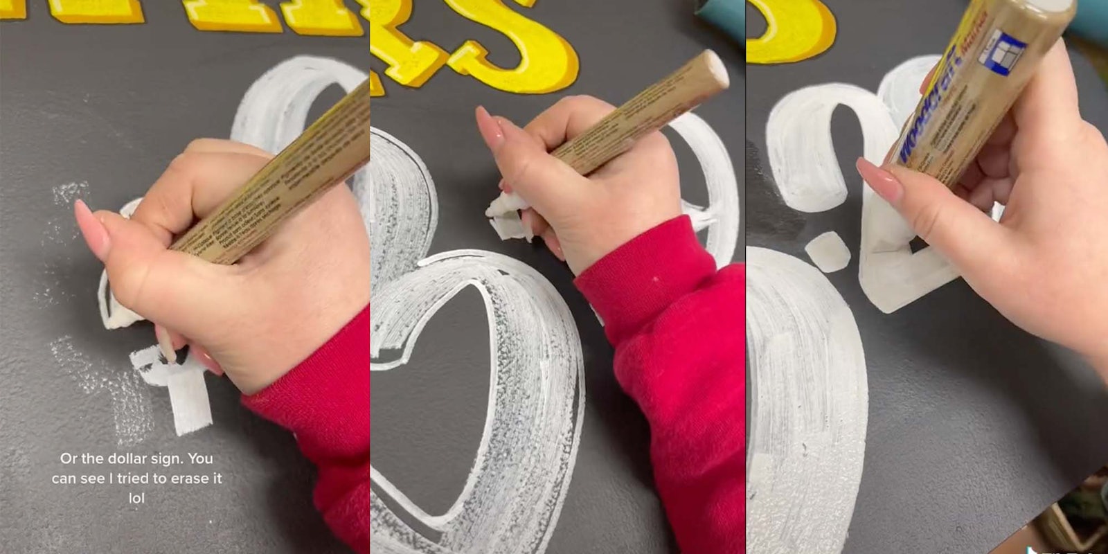 A Trader Joe's sign artist shows how she paints a sign.