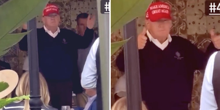 donald trump gesturing for applause (l) donald trump giving a thumbs up in approval (r)