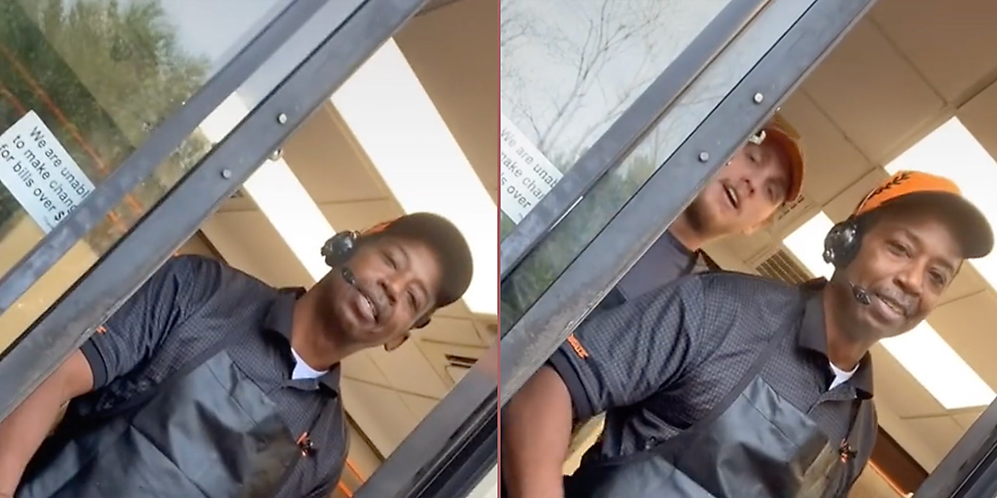 Two men at a drive thru window.