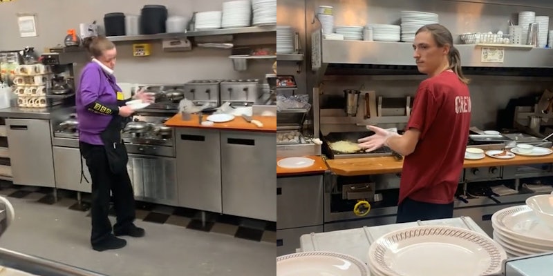 woman on phone with dishes in hand at waffle house (l) man adjusting glove at grill looks over shoulder (r)