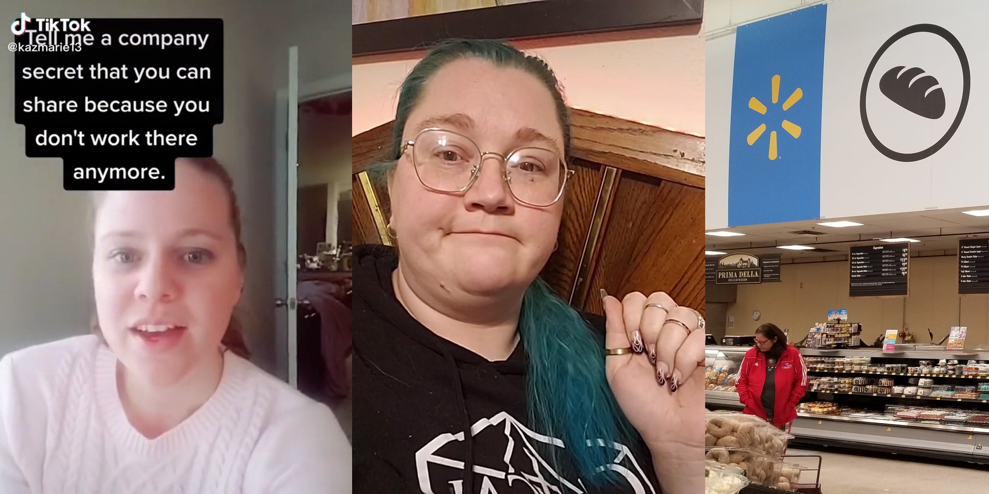Young woman with caption 'Tell me a company secret that you can share because you don't work there anymore.' (l) woman speaking to camera (c) walmart bakery (r)