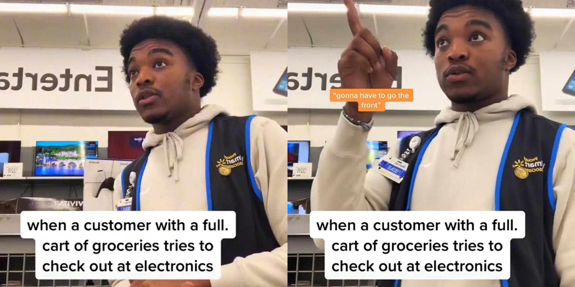walmart employee with caption "when a customer with a full cart of groceries tries to check out at electronics" (l) same employee pointing with caption "gonna have to go the front" (r)