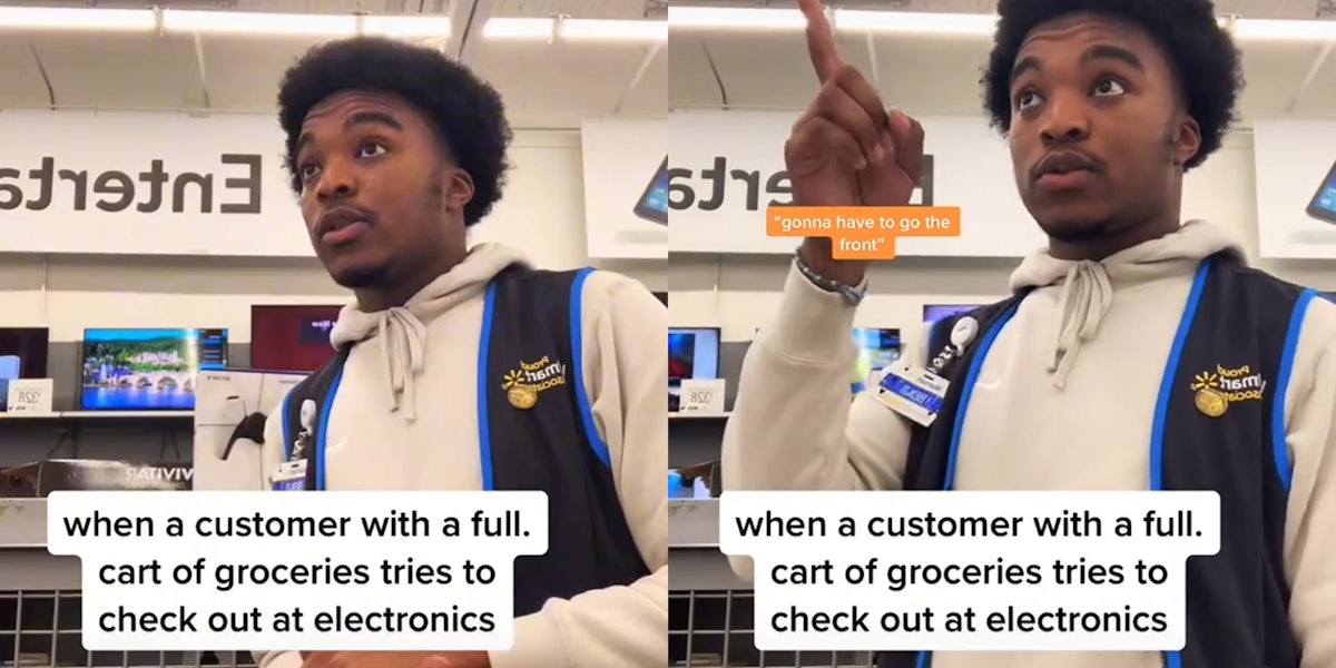 walmart employee with caption 'when a customer with a full cart of groceries tries to check out at electronics' (l) same employee pointing with caption 'gonna have to go the front' (r)