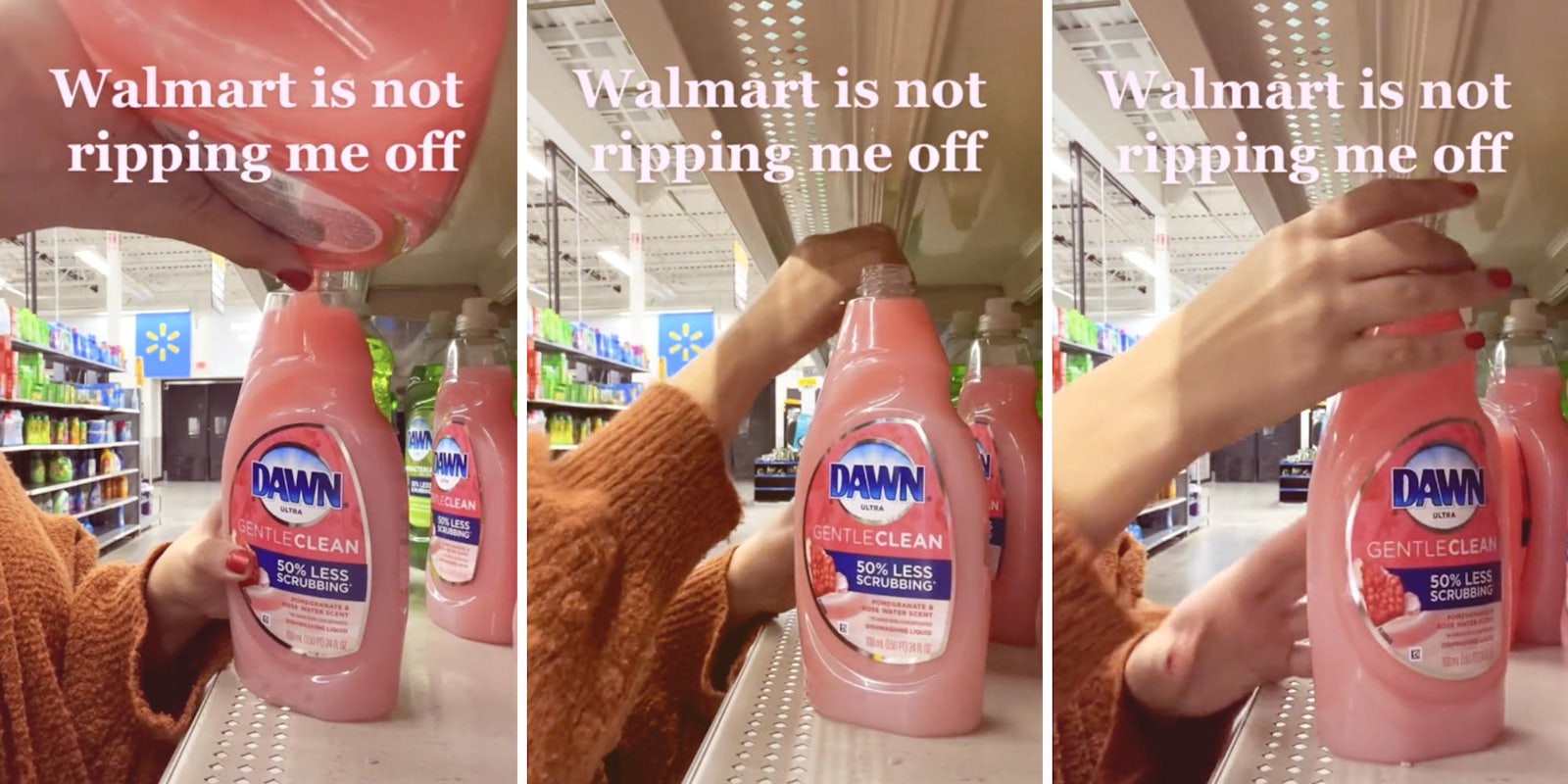 three photos of a woman pouring a bottle of Dawn dish soap into another one