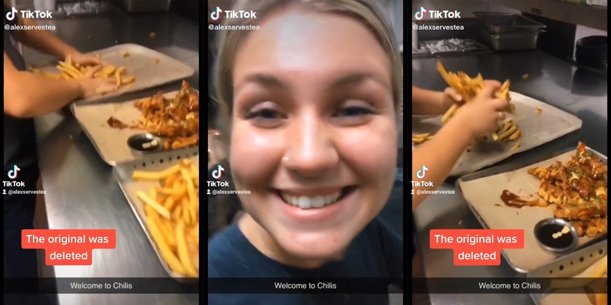 woman grabbing french fries (l) woman smiling (c) woman moving french fries from one plate to another (r) all with caption 'Welcome to Chilis'