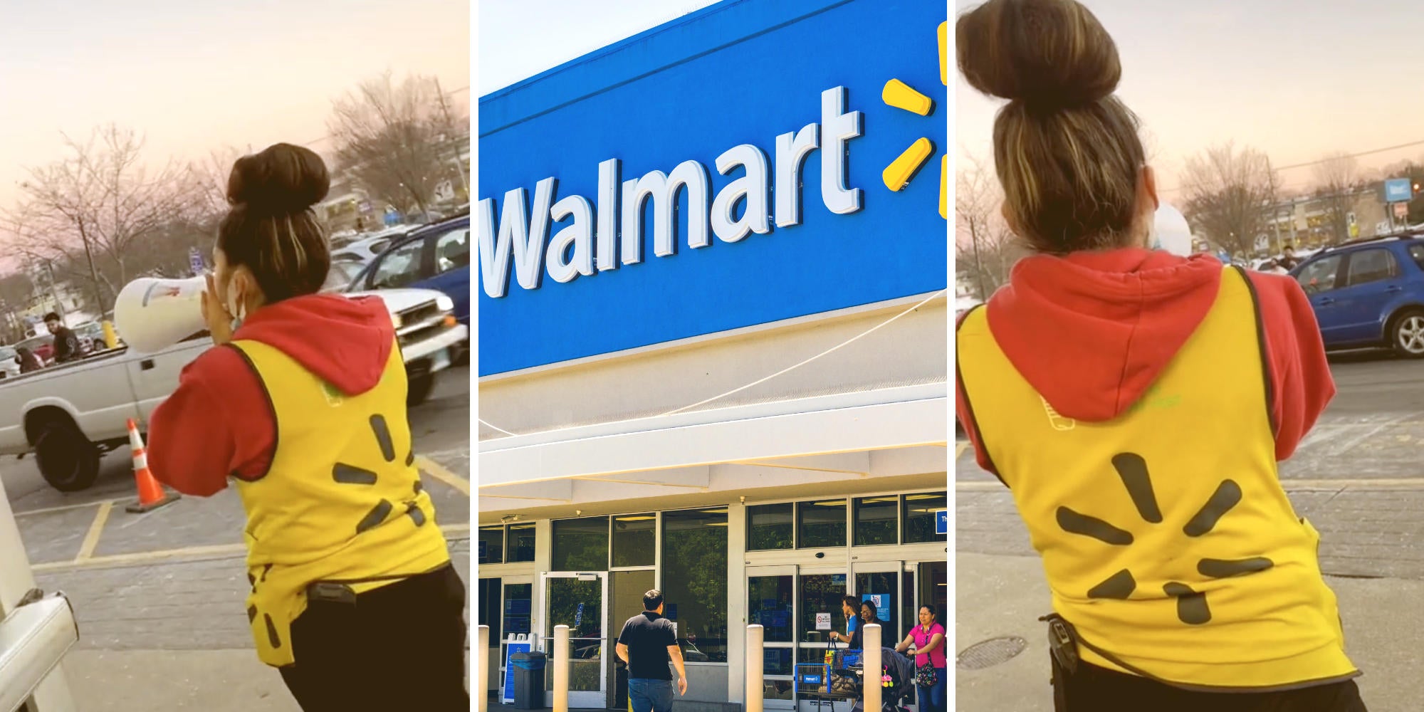 woman shouting through a megaphone (l) walmart store (m) woman shouting through a megaphone, again (r)