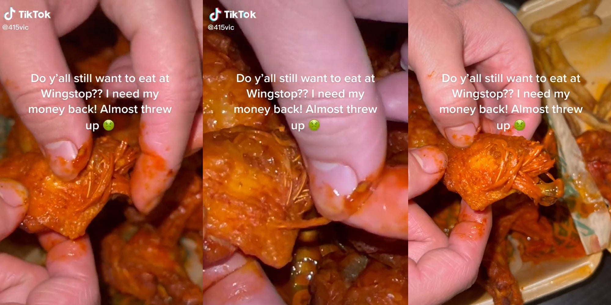 person pulling on feathers in fried chicken wing with caption 'Do y'all still want to eat at Wingstop?? I need my money back! Almost threw up'