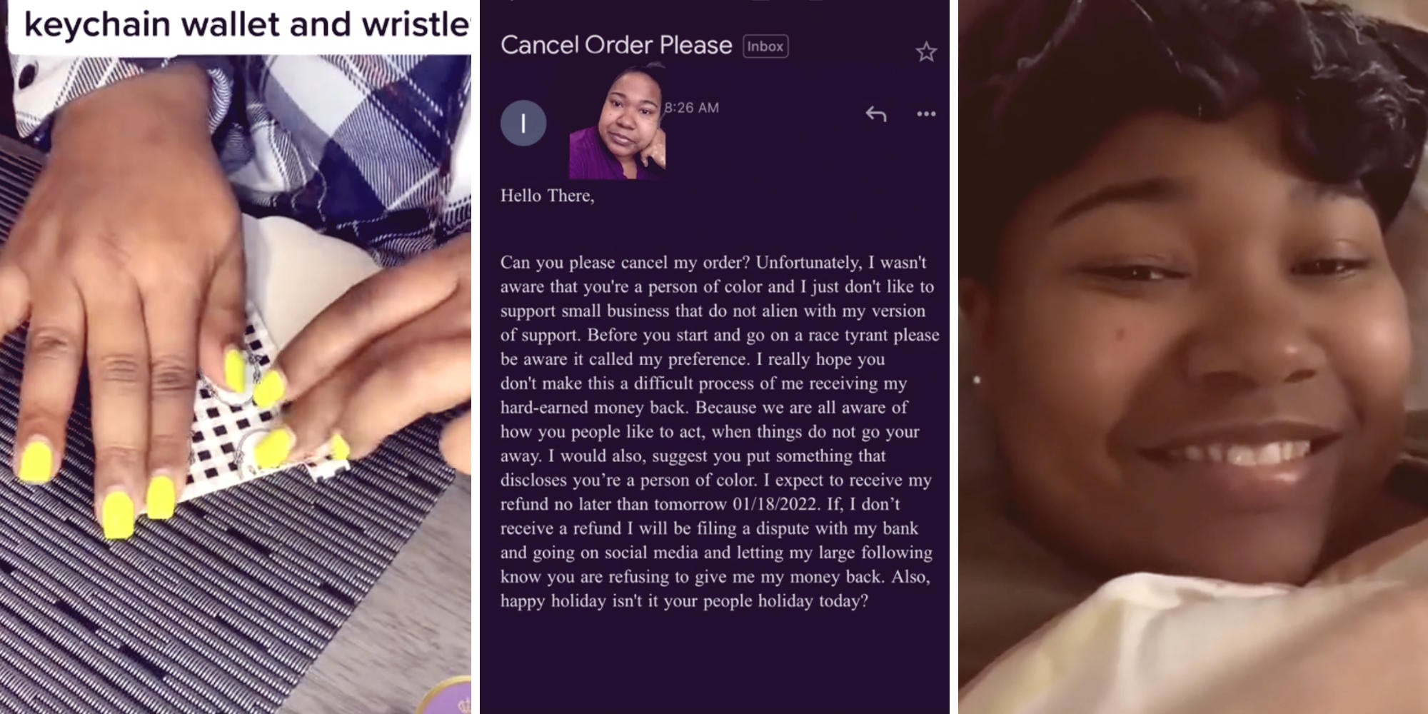 woman's hands constructing a wallet (l) screenshot of a racist comment on a phone screen (m) photo of a woman getting her hair done at a salon (r)