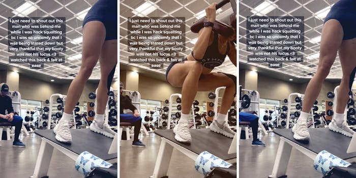 three photos of a woman doing squats at the gym, with a man sitting behind her