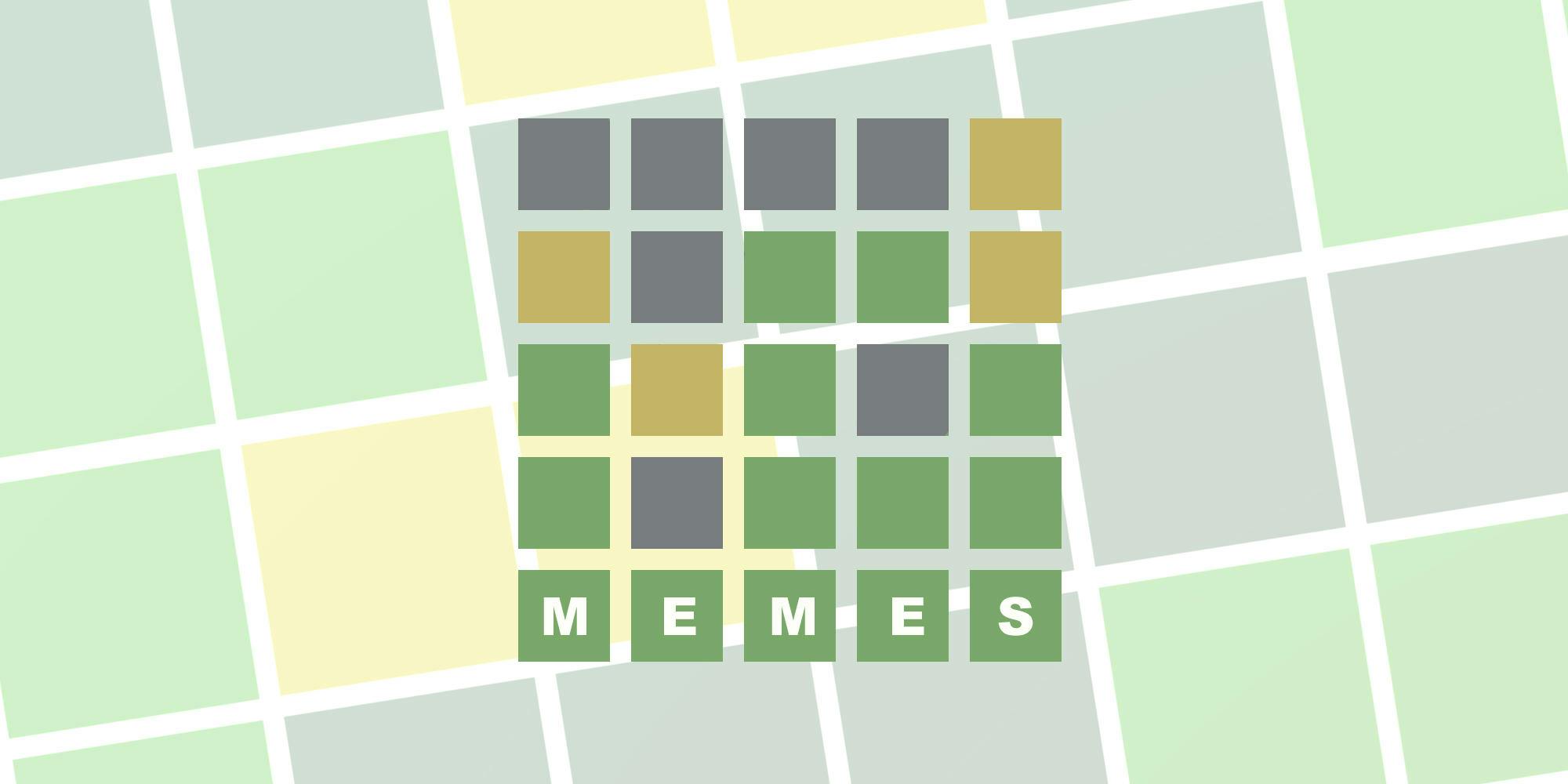 Illustration of a Wordle online game spelling out the word "meme"