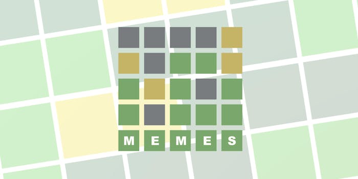 Illustration of a Wordle online game spelling out the word "meme"
