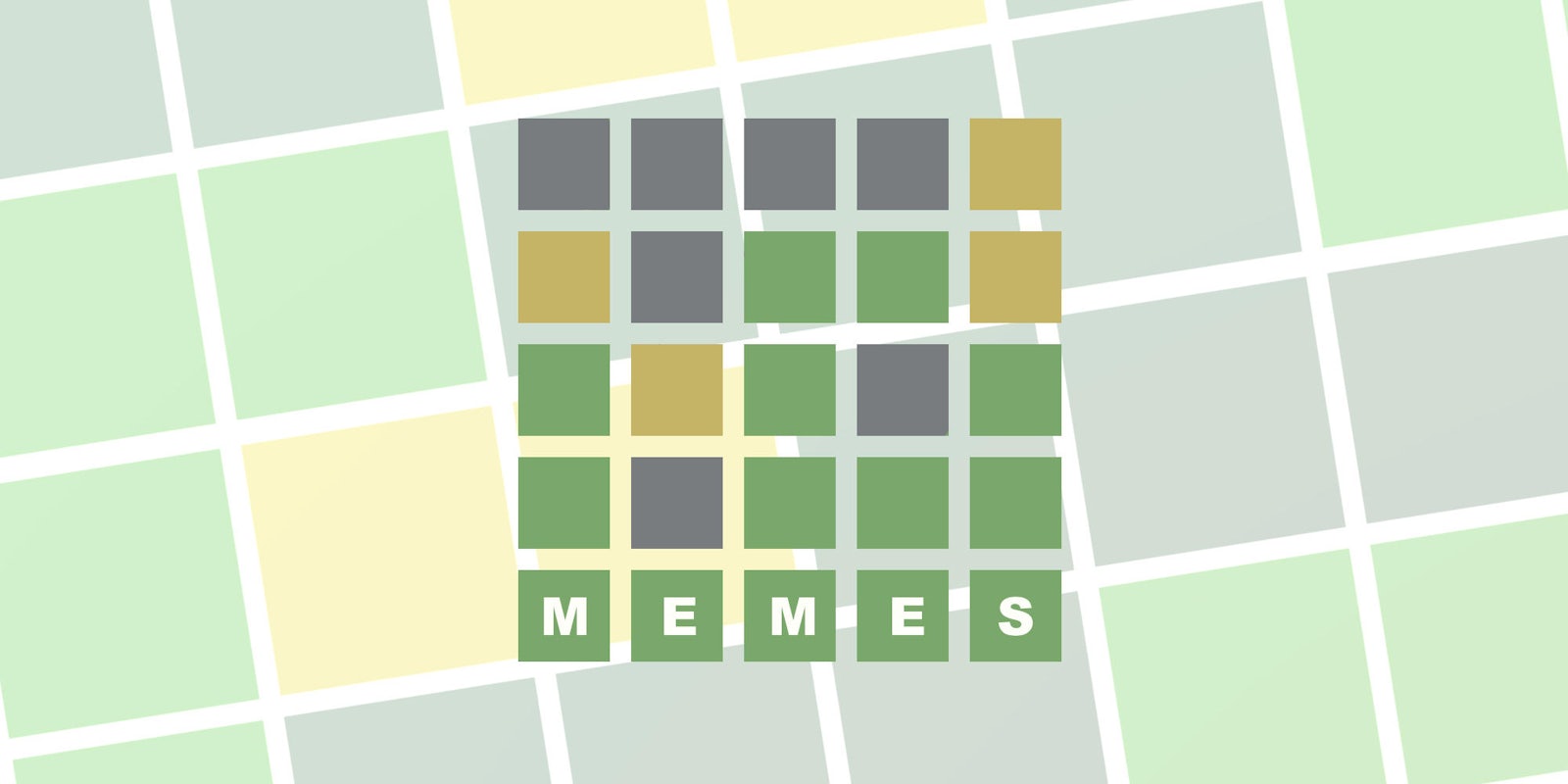 Illustration of a Wordle online game spelling out the word 'meme'