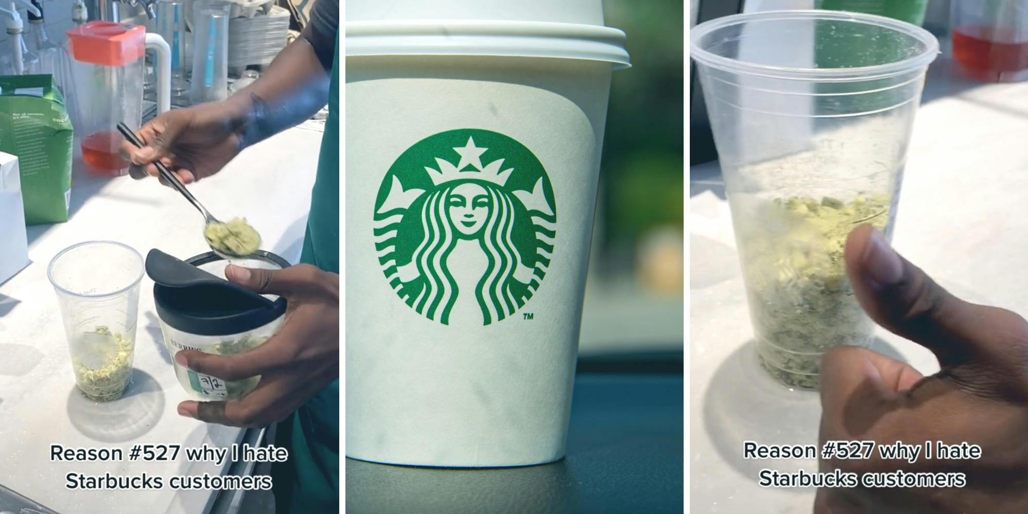 photo of a starbucks worker filling a cup with an ingredient (l) photo of a starbucks coffee cup (m) starbucks worker giving a thumbs up (r)