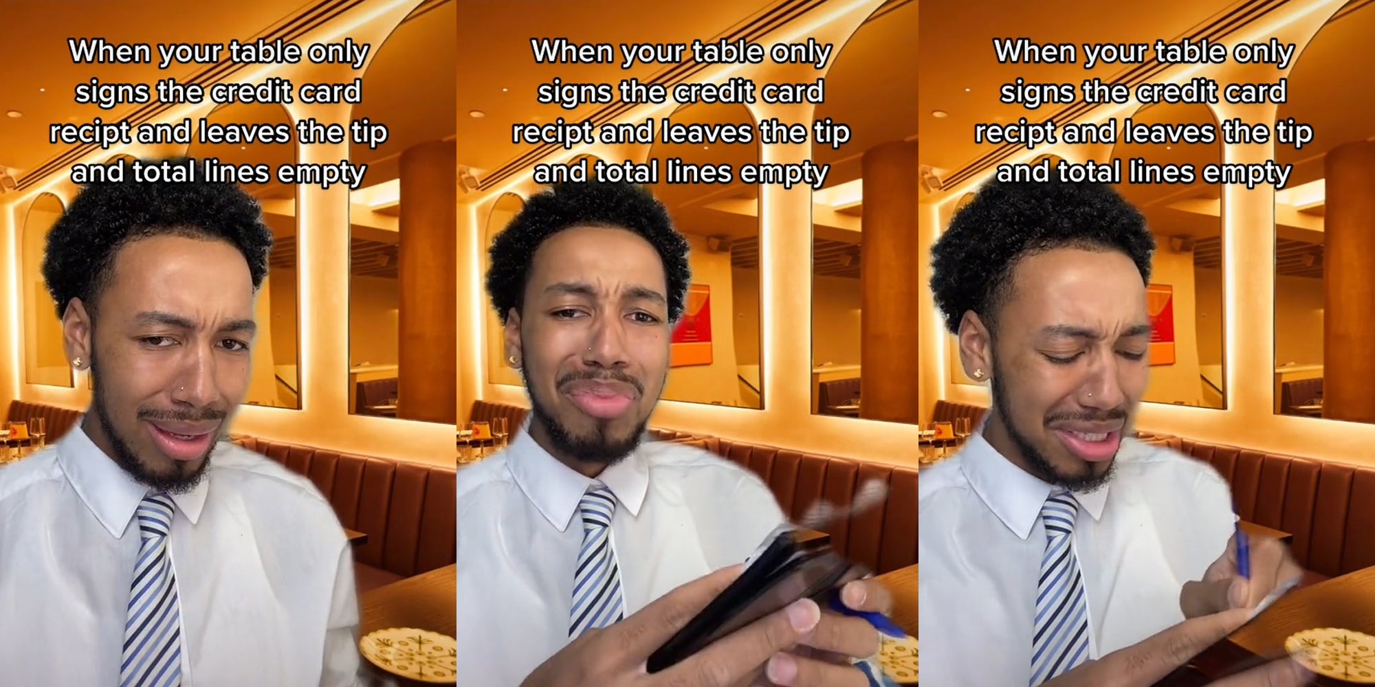 man writing on receipt with caption 'when your table only signs the credit card recipt and leaves the tip and total lines empty'