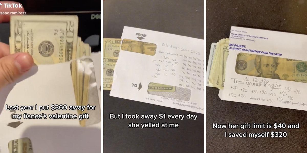 man putting money in envelope (l) money in various envelopes (m) (r)