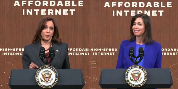 Vice President Kamala Harris and FCC Chairwoman Jessica Rosenworcel speaking at the White House regarding 10 million homes signing up for an affordable broadband program.
