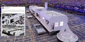 A screenshot of the 2022 Super Bowl half time show next to a tweet sharing a conspiracy theory that the set used FEMA camp containers.