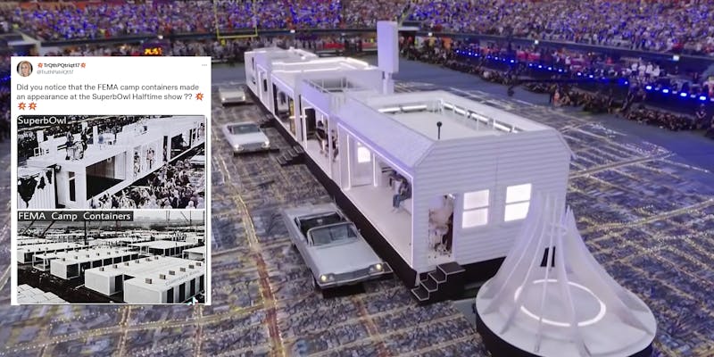 A screenshot of the 2022 Super Bowl half time show next to a tweet sharing a conspiracy theory that the set used FEMA camp containers.