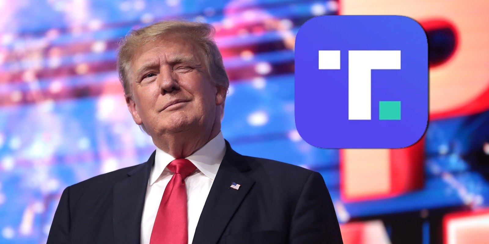 Former President Donald Trump winking. Next to him is the logo for his social media app Truth Social.