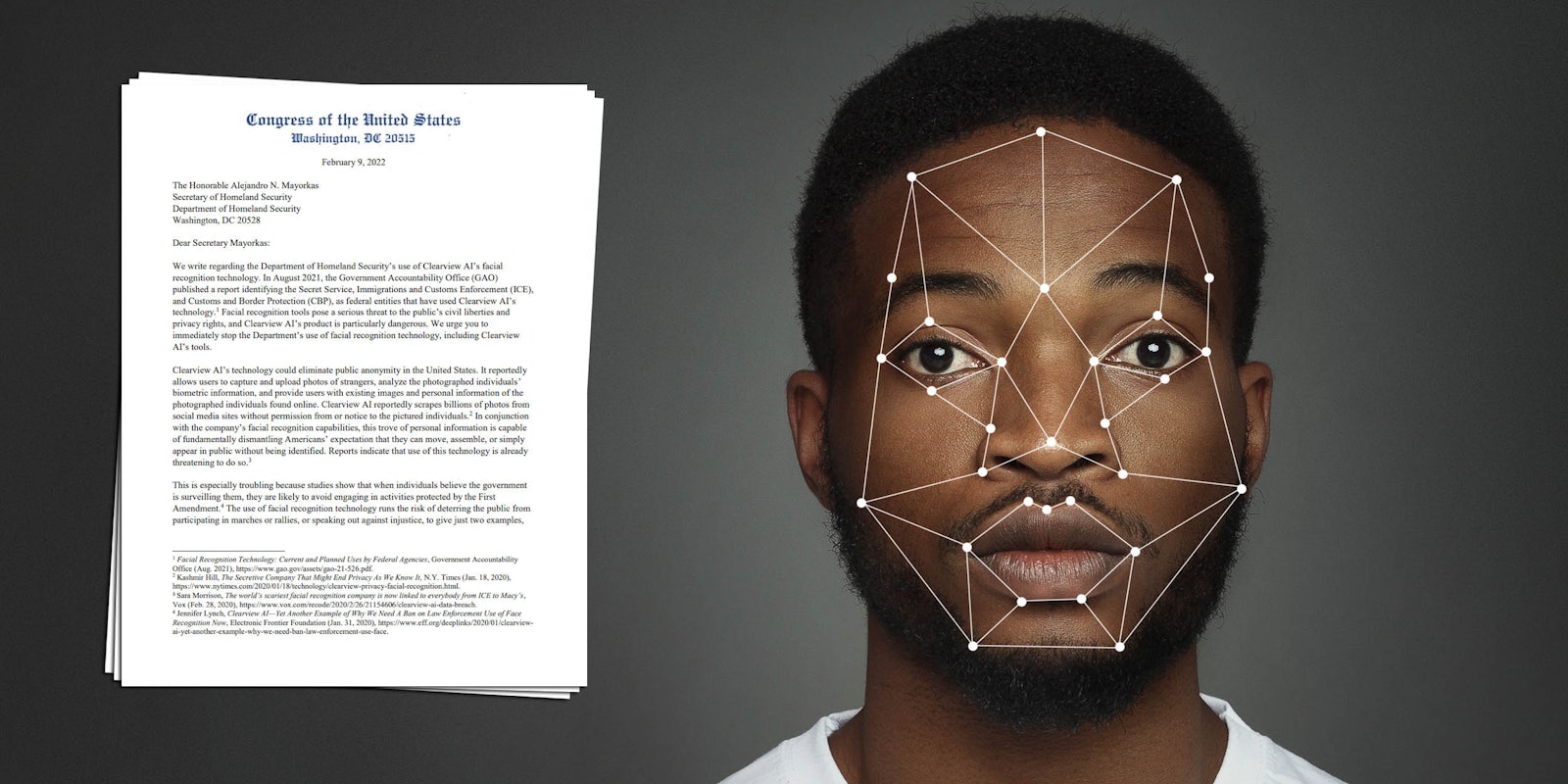 A Black man having his face scanned by facial recognition next to a screenshot of a letter from four lawmakers urging several federal agencies to stop using Clearview AI.