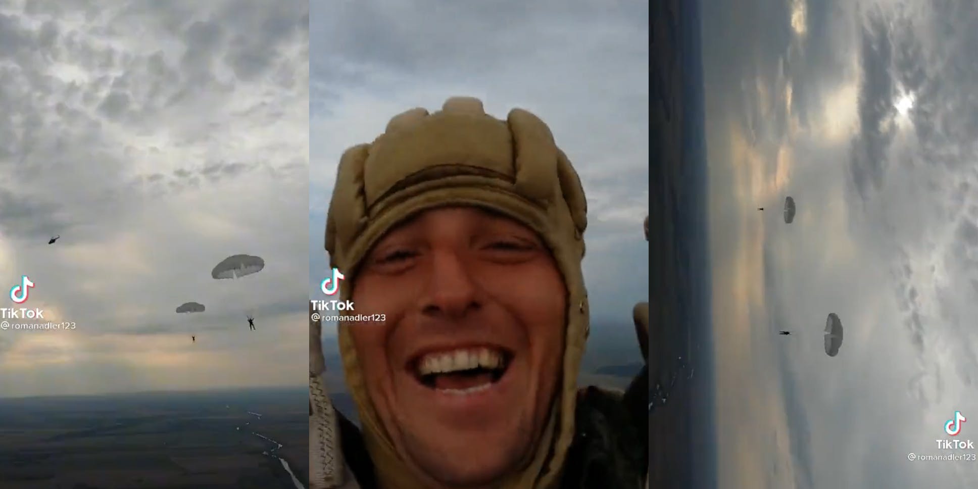 Screenshots of a TikTok purporting to show a Russian soldier parachuting into Ukraine.
