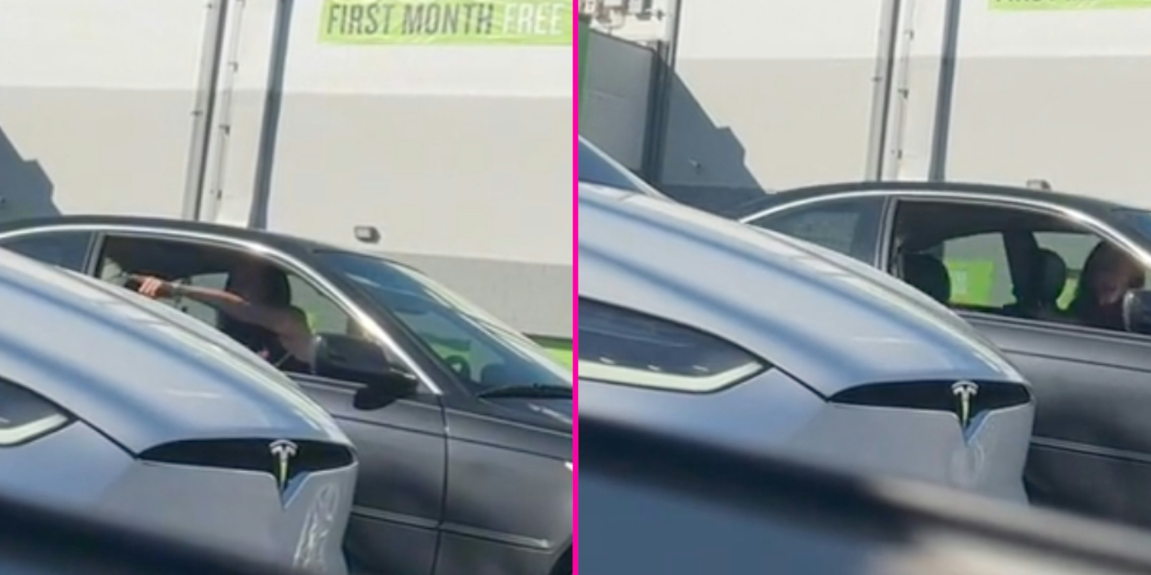 Woman in car screaming at a white Tesla