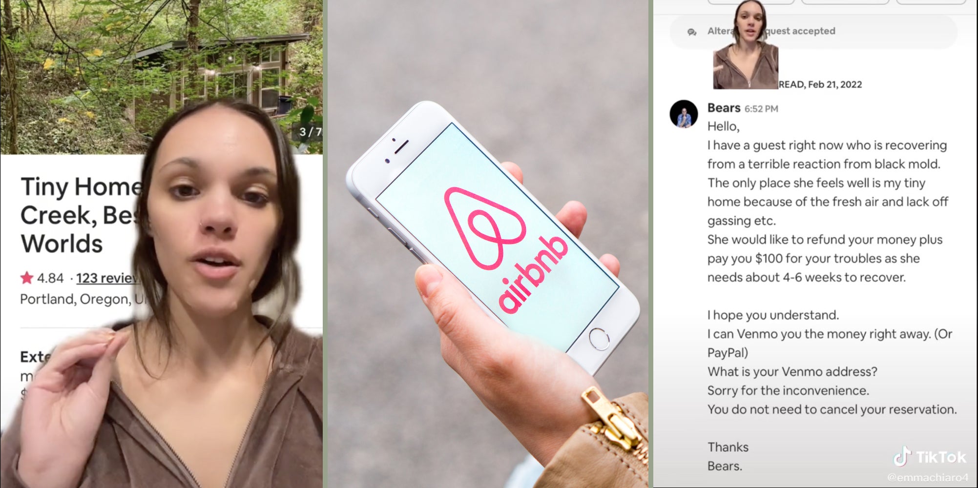 Woman speaking (L) Airbnb app (M) Messages on Airbnb (R)