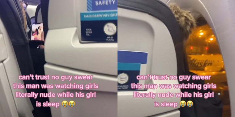 man in airplane seat looking at women on phone (l) woman's head leaning on seat (r) both with caption 'can't trust no guy swear this man was watching girls literally nude while his girl is sleep'
