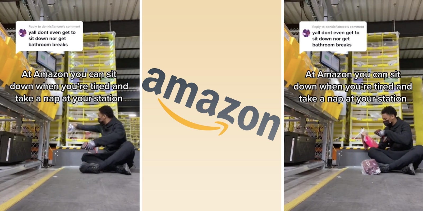 amazon worker scanning and sorting items (l) (r) amazon logo (m)