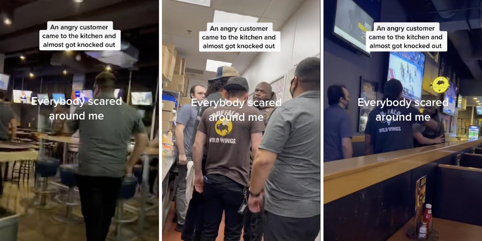 employees walking in the dining area (l) employees dealing with an angry customer (m) (r)