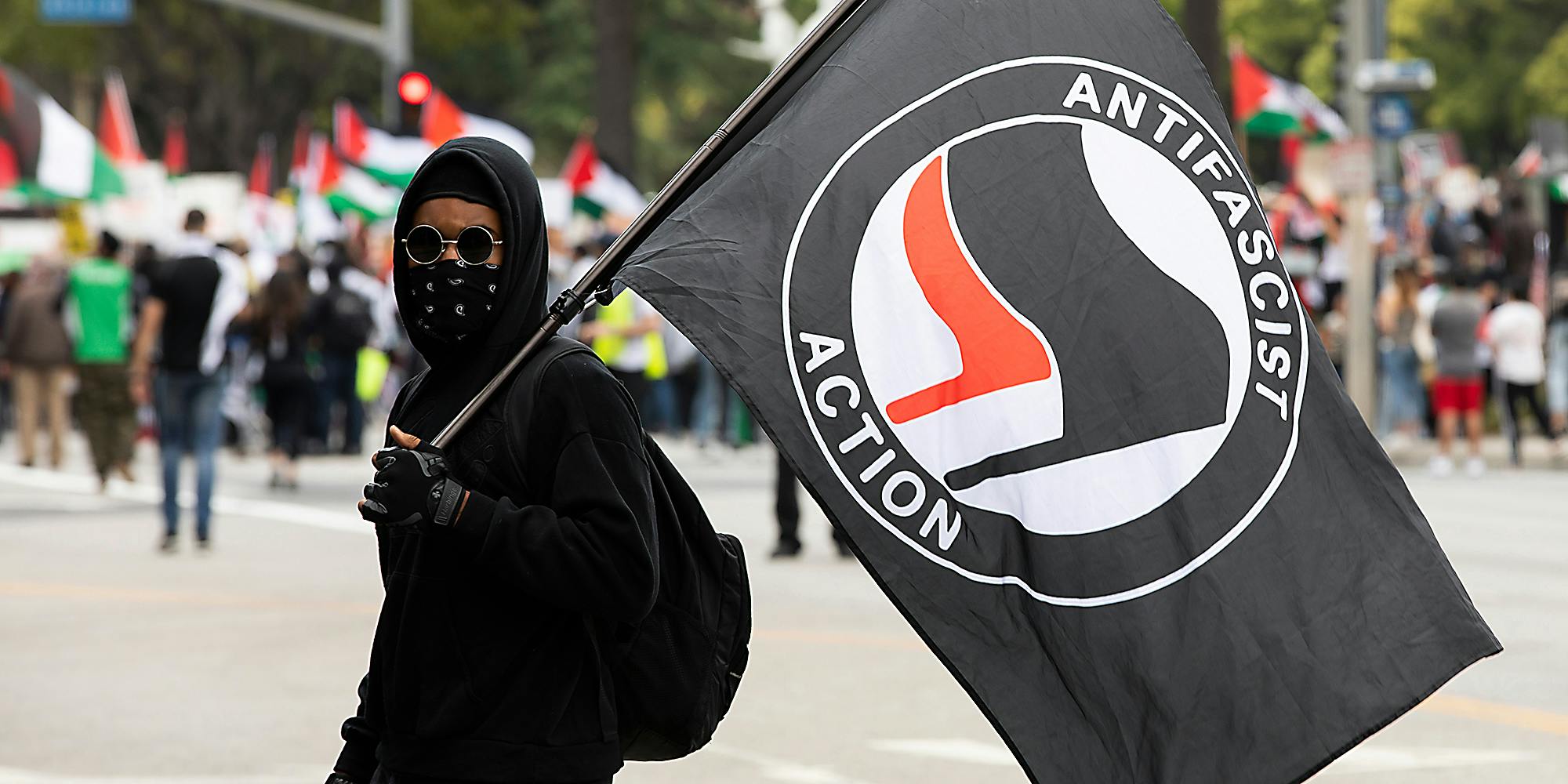 A man wearing a mask and carrying a flag.