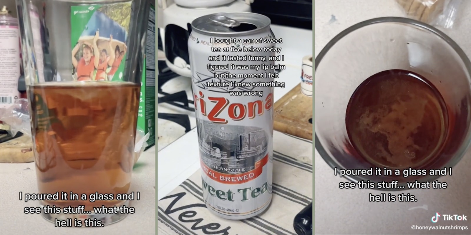 Side angle of a cup of iced tea (L) Arizona Iced Tea (M) Film on top of iced tea (R)