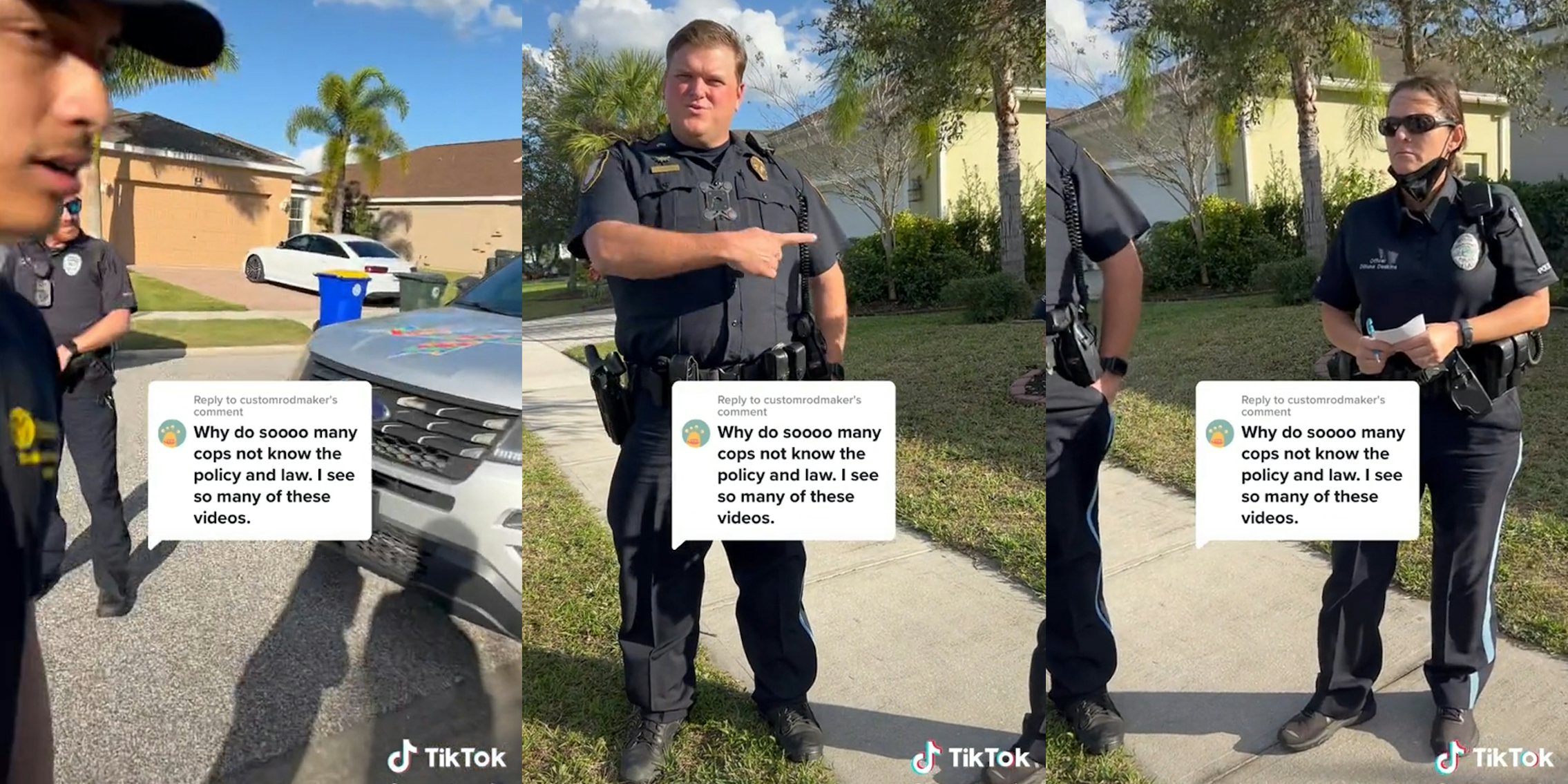 young man standing in front of car with police officer (l) officer pointing to his left (c) officer standing on sidewalk (r) all with caption 'why do soooo many cops not know the police and law. I see so many of these videos.'