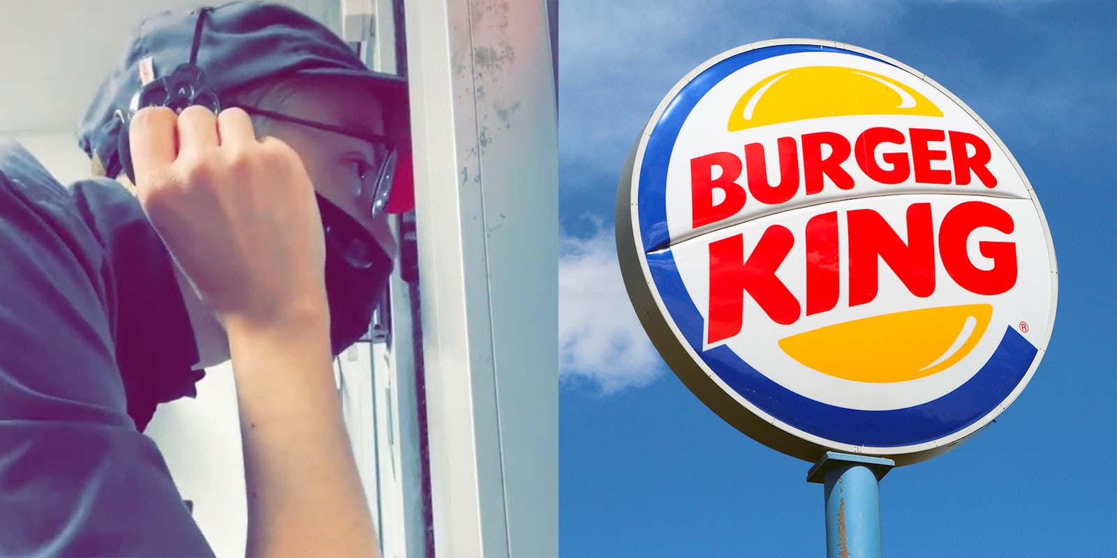 An employee (L) and a Burger King sign (R).