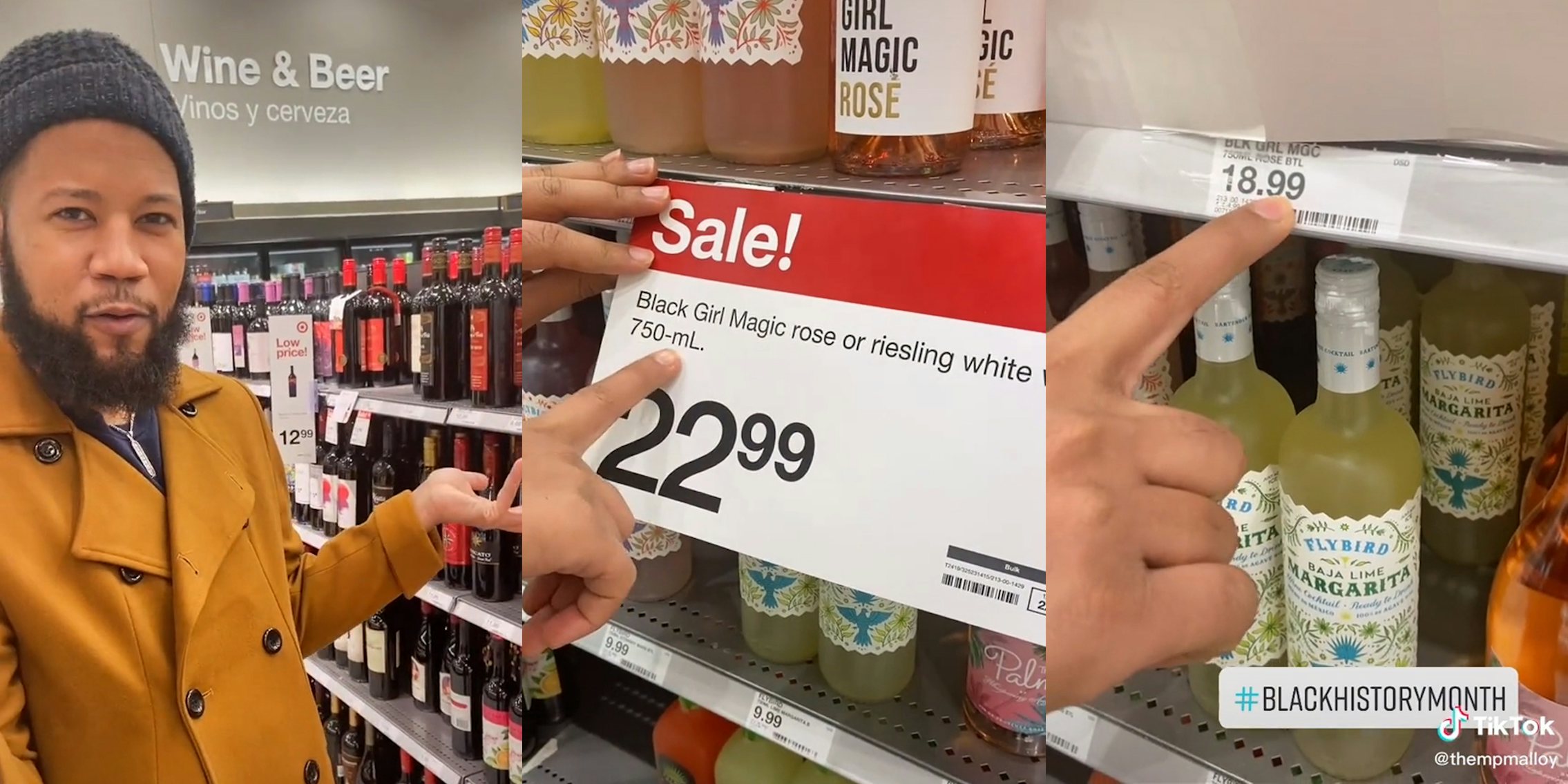 man pointing out that the 'sale' price on Black Girl Magic wine is 22.99, while the regular price is lower at 18.99
