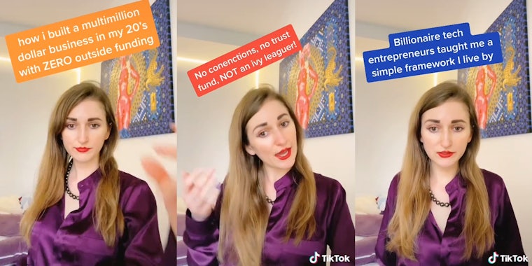 young woman with captions 'how i built a multimillion dollar business in my 20's with ZERO outside funding' (l) 'no connections, no trust funt, NOT an ivy leaguer' (c) 'Billionaire tech entrepreneurs taught me a simple framework I live by' (r)