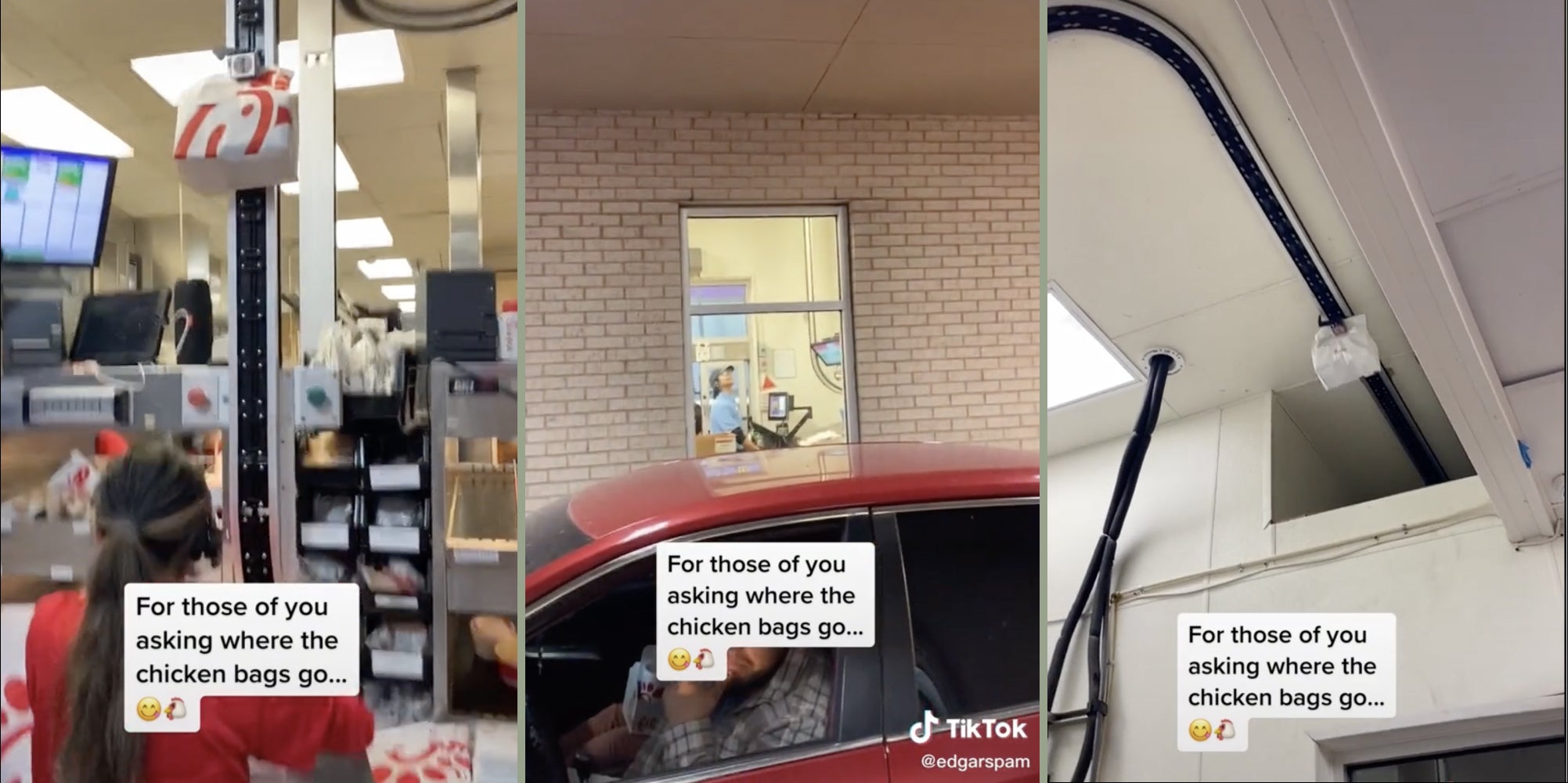Chick-fil-A bag transported via conveyor belt through drive-thru