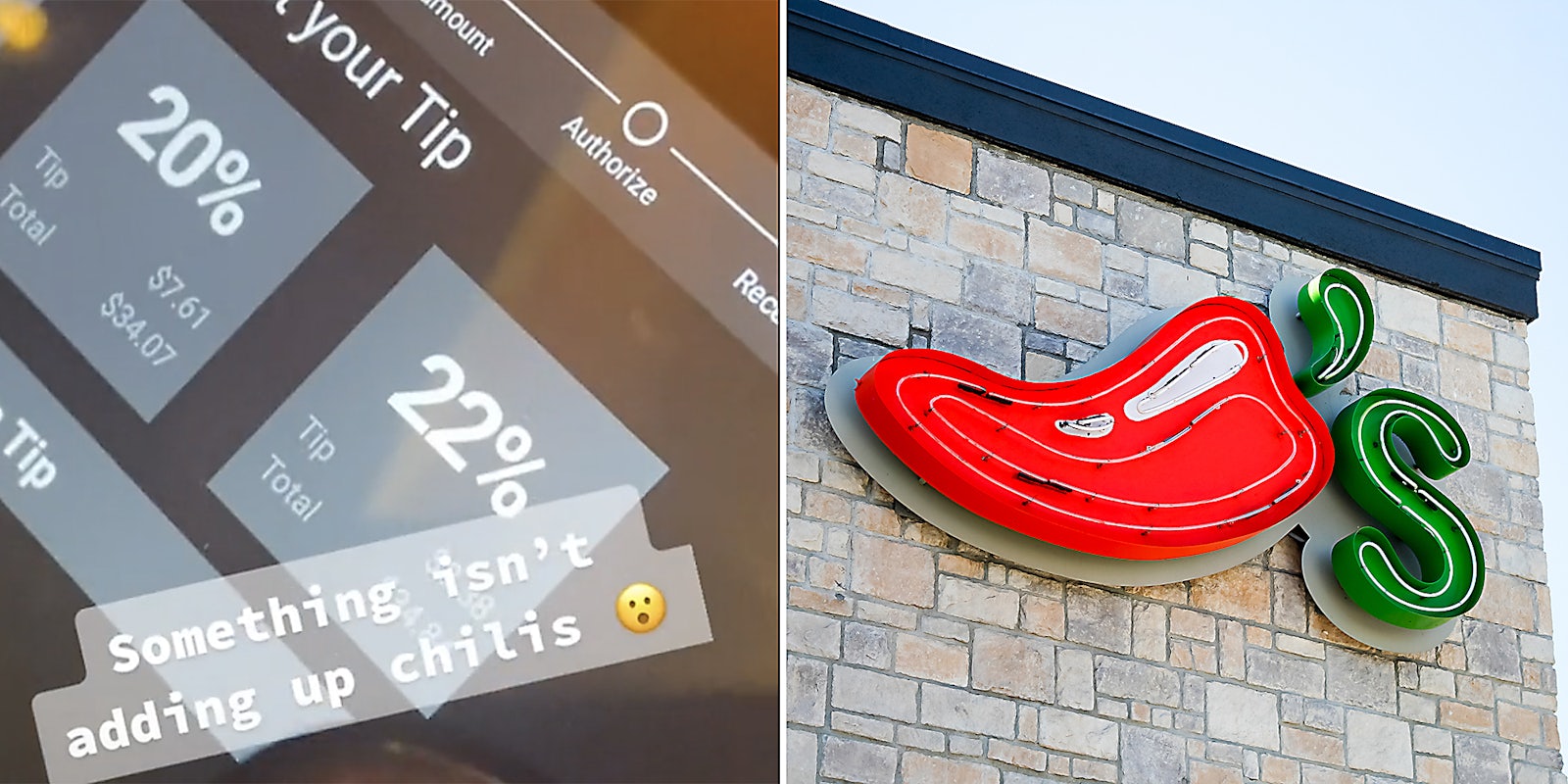 A tip calculator (L) and a Chili's sign (R).