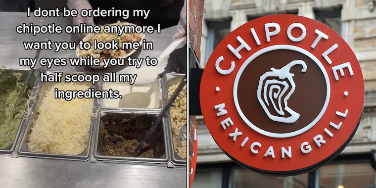 A Chipotle worker (L) and a Chipotle sign (R).