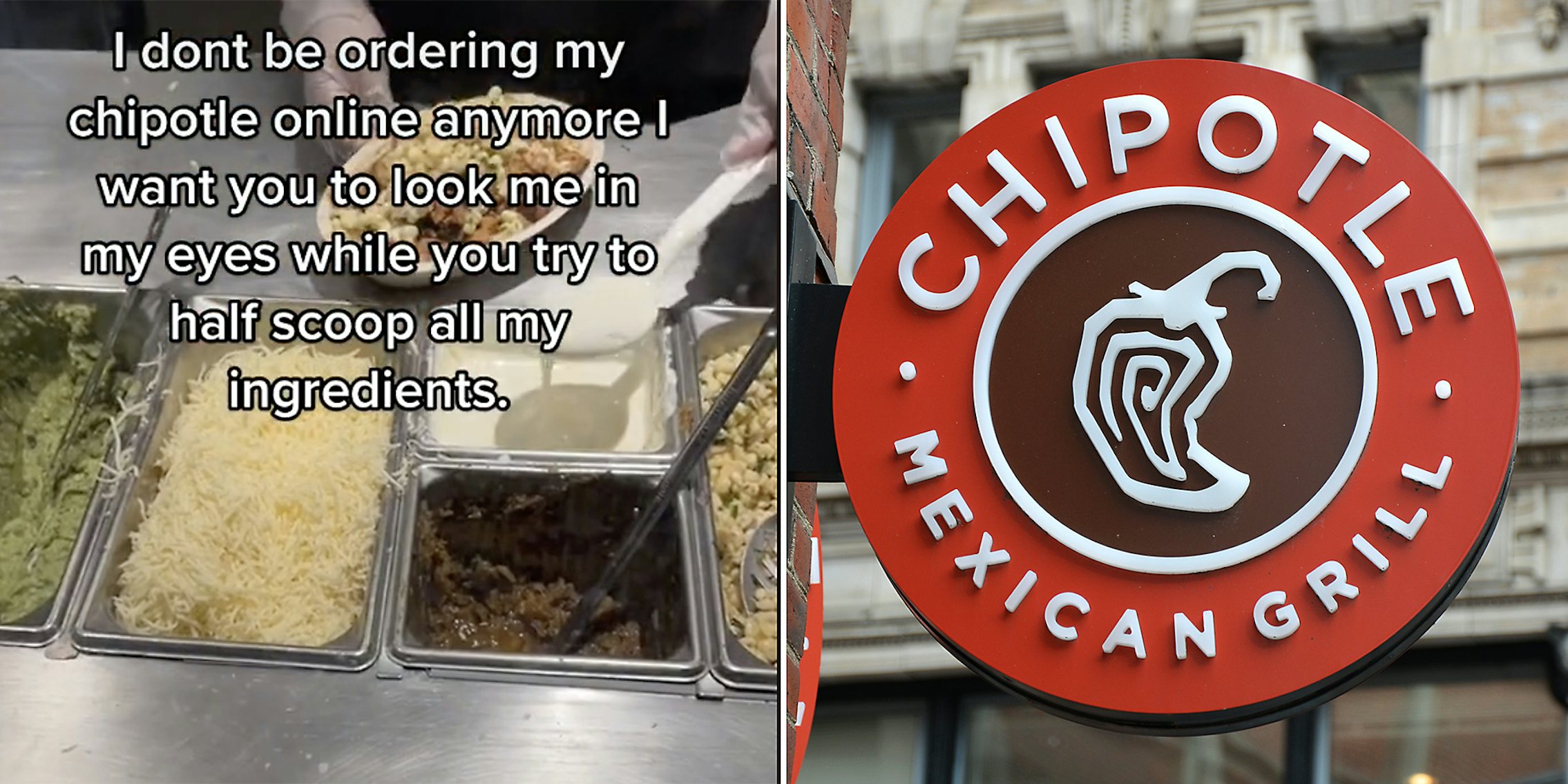 A Chipotle worker (L) and a Chipotle sign (R).