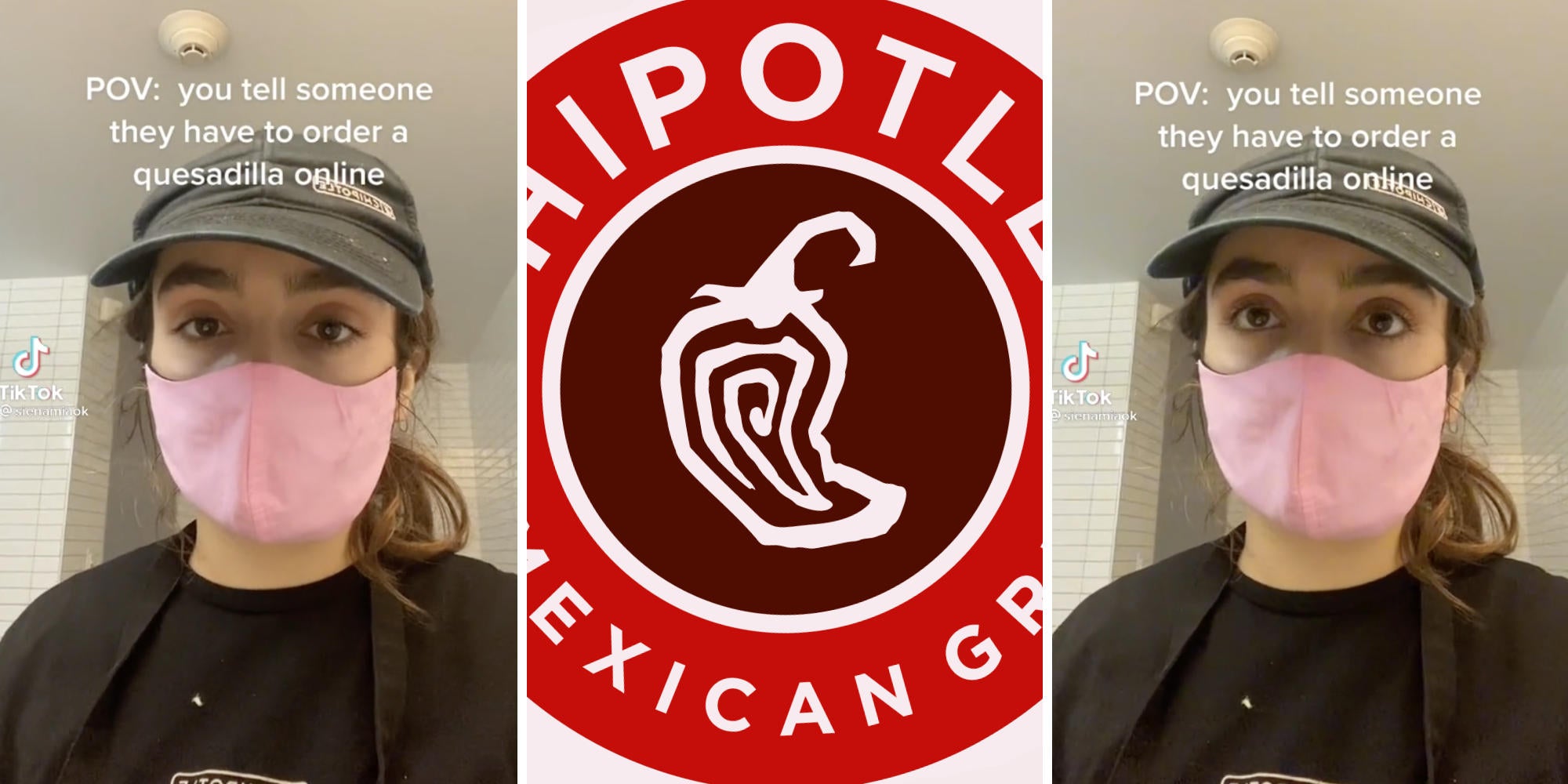 chipotle worker (l) (r) chipotle logo (m)