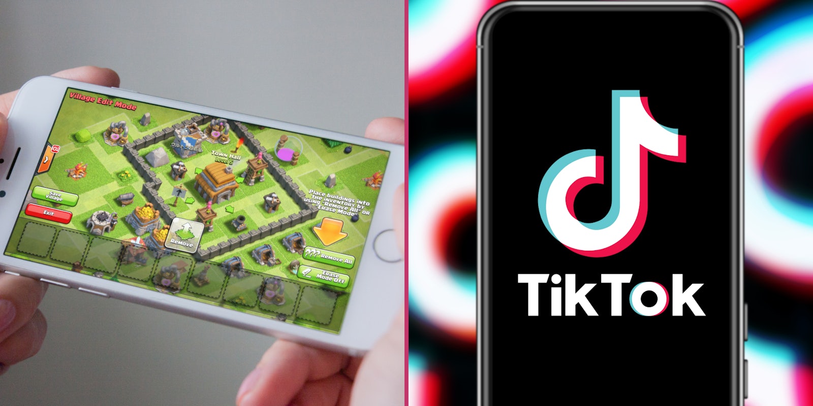 Person playing the video game Clash Royale (L) TikTok (R)