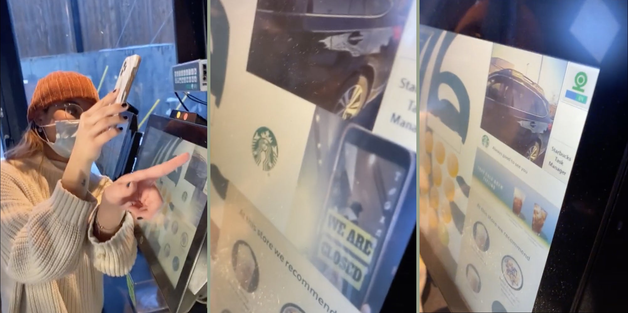 Starbucks worker (L), 'We are closed' sign (M), Car in starbucks drive-thru (R)