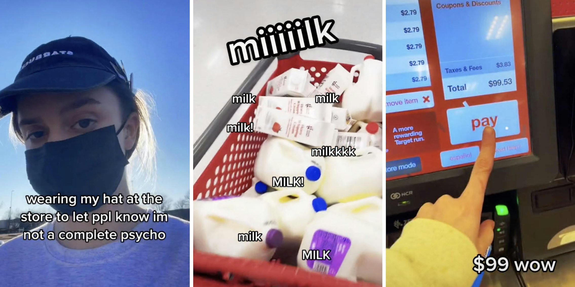 woman wearing starbucks hat (l) shopping cart full of milk (m) woman buying $99 worth of milk (r)