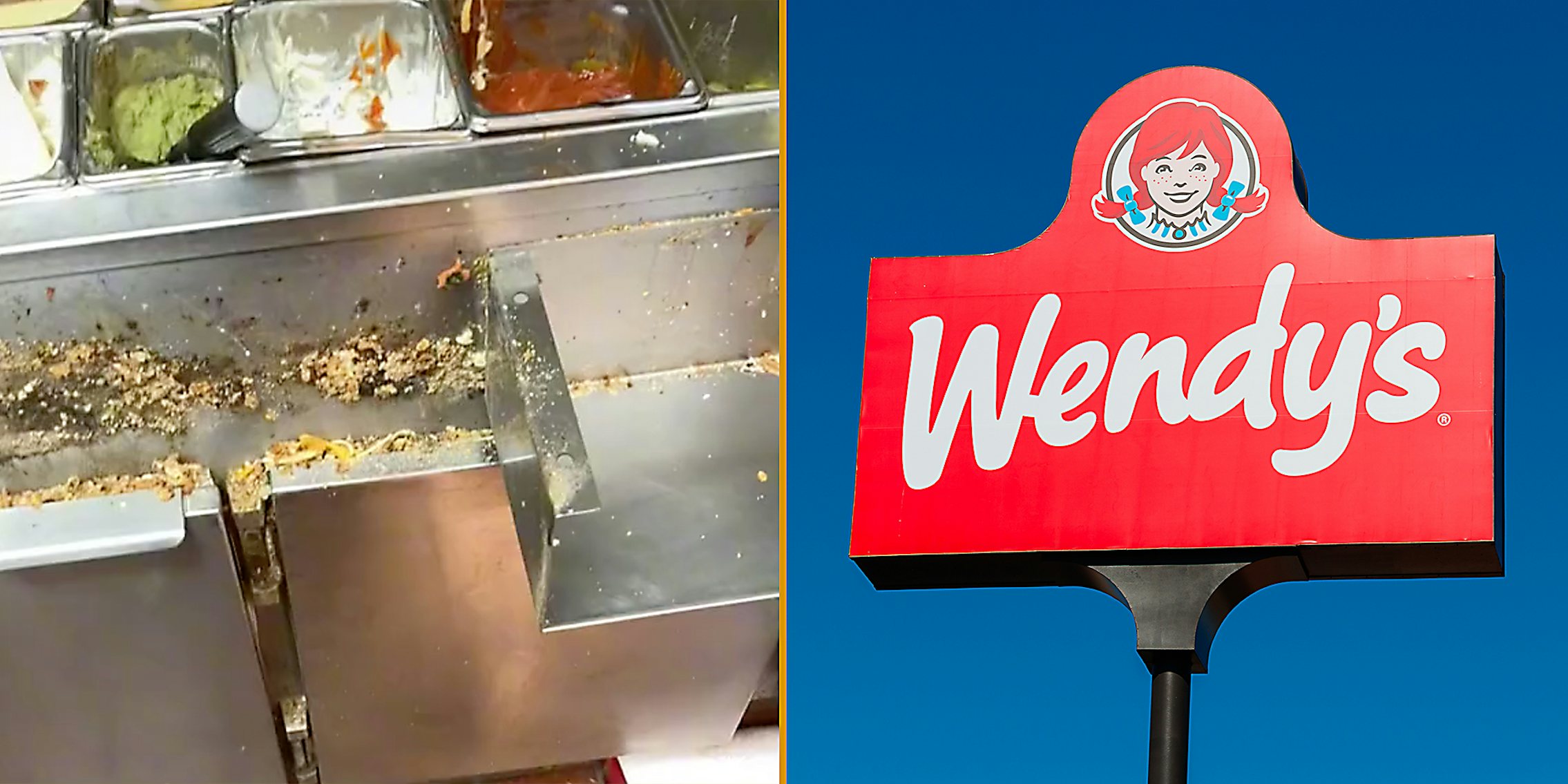 A dirty kitchen (L) and a Wendy's sign (R).